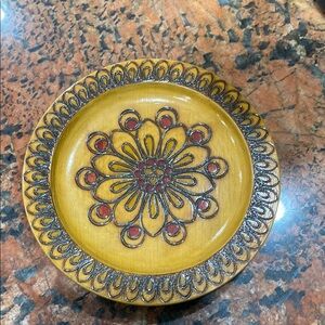 Vintage wooden inlaid Polish decorative plate Spoldzielnoa Rzemieslnicza trinket
